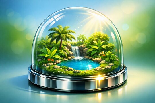 Miniature tropical island in a glass snow globe with waterfall and palm trees for background poster and wallpaper design