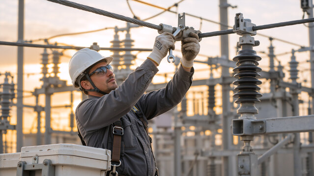 A professional electrician wearing safety gear including a helmet, gloves, and protective eyewear is performing maintenance on high voltage power lines at an electrical substation during sunset. The