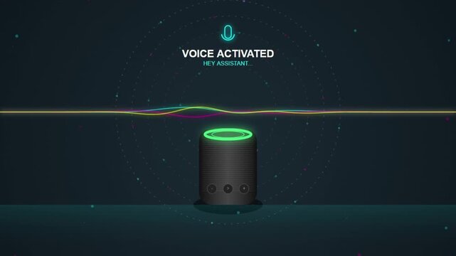 Smart home speaker with voice activation and glowing neon sound wave interface