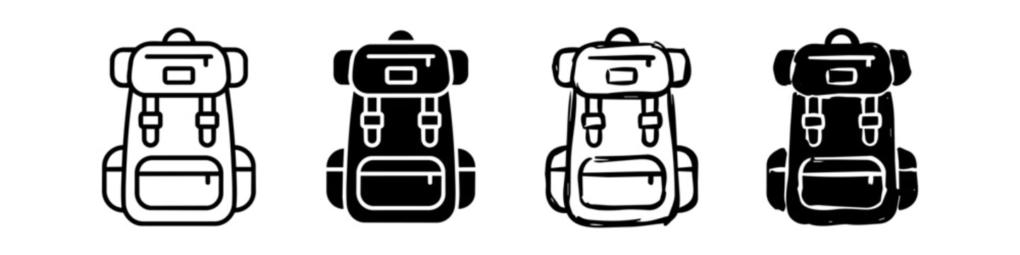 Set of hiking backpack icons in line art, solid silhouette, and hand drawn doodle styles. Vector travel and camping rucksack collection isolated on white background.