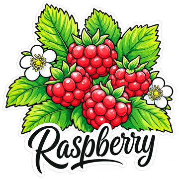 Cartoon illustration sticker of ripe red raspberries with green leaves and white flowers on a white background.