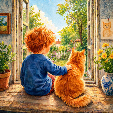 A red-haired boy sitting with an orange cat at an open doorway overlooking a summer garden.