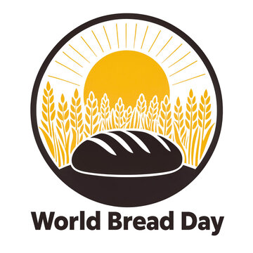 Retro circular stamp illustration of a wheat field with a rising sun and a sourdough loaf, labelled World Bread Day.