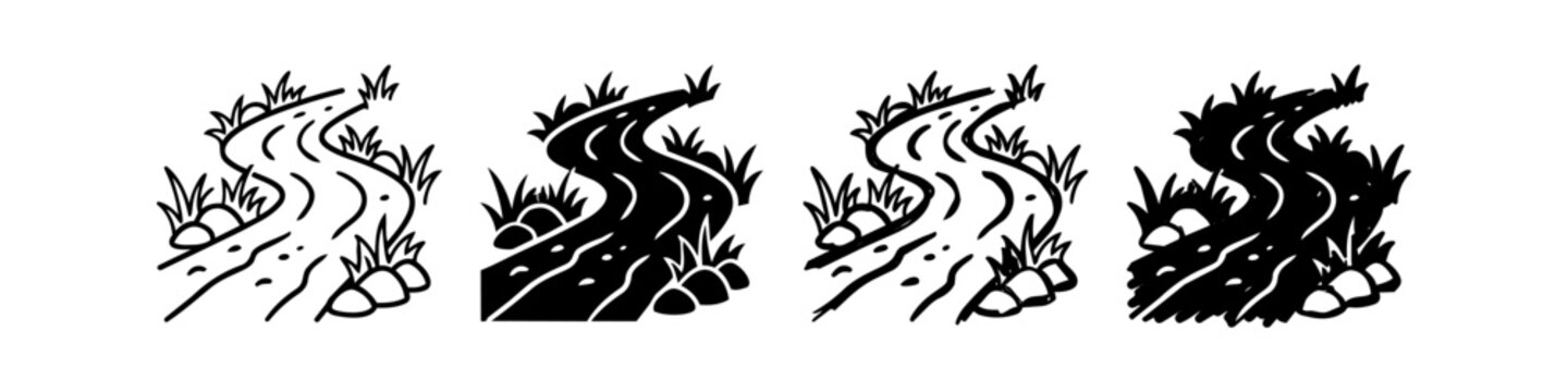 Set of hand-drawn winding path icons with grass and rocks in black and white doodle style. Vector outline and silhouette illustrations of nature trail, pathway, and landscape elements.