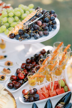 Colorful fruit and shrimp appetizer buffet display