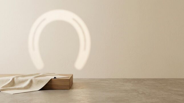Horseshoe shape light projection on beige wall with wooden pedestal