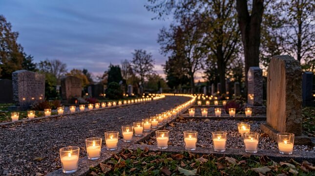 Rows of lit memorial candles on a gravel path in a cemetery at dusk