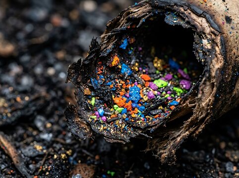 Extreme close-up macro shot of a burnt hollowed-out wood fragment revealing a vibrant, colorful assortment of crushed pigments and glitter within its charred.