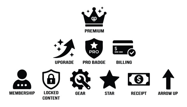 Collection of black flat icons representing subscription tiers membership levels and associated features account billing crown diamond gear icon illustration