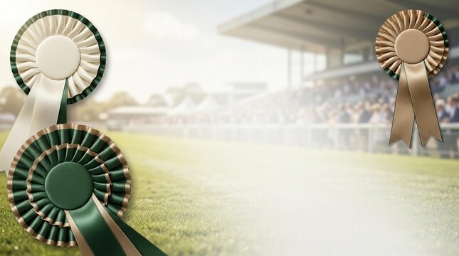 Three rosettes overlaid on a blurred horse racing track background