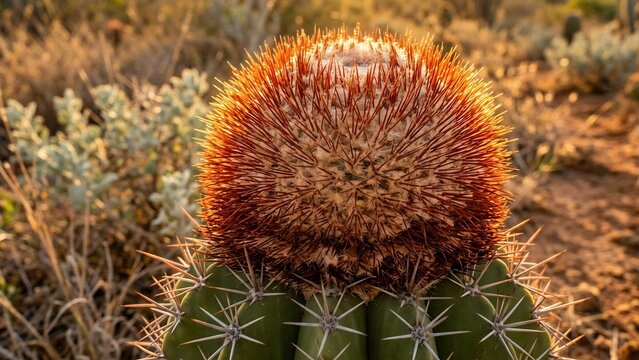 Backlit Golden Hour Macro of the Bristled Cephalium Crown of a Turk's Cap Cactus