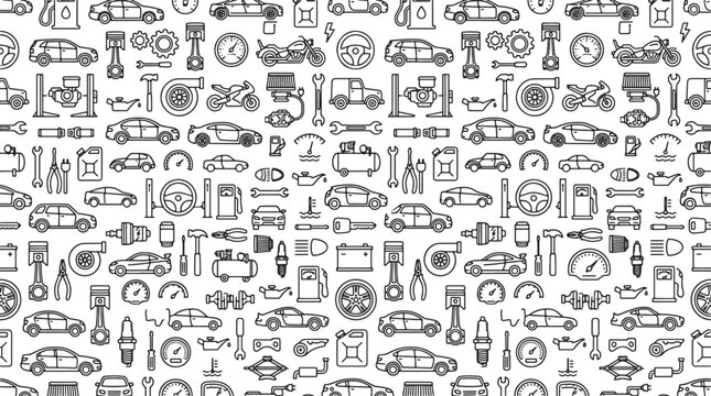 Automotive repair and vehicle maintenance icon pattern in minimalist black outline style