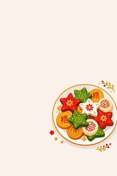 Festive plate of colorful star and round cookies with chinese characters for lunar new year celebration card background and menu design
