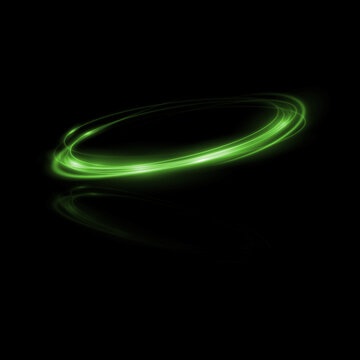Abstract green light streak forming a dynamic elliptical orbit on black background