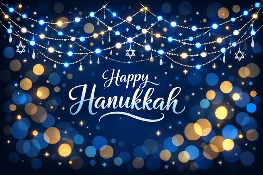 Happy hanukkah blue and gold bokeh lights garland background for festive greeting card banner and holiday poster design