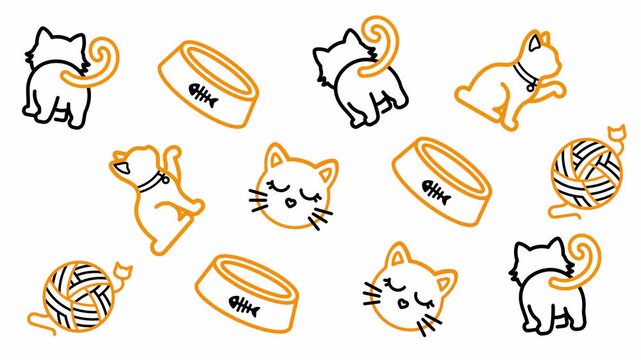 Cute Cat Pattern Animation Seamless Loop with Food Bowls and Yarn Balls