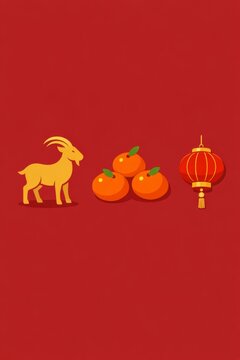 Chinese new year goat mandarin oranges and red lantern icons on red background for festive holiday banner and greeting card design