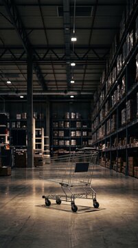 Empty Shopping Cart in a Dark Warehouse Awaiting Black Friday Sales and Discounts