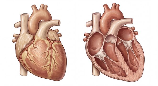 Anatomical illustration of human heart internal and external structure