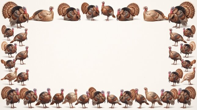 Decorative rectangular border made of various wild turkey birds on a plain white background