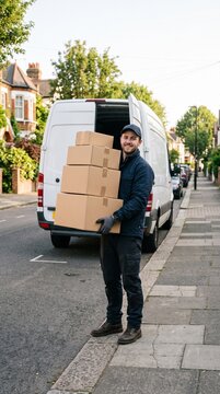 Delivery man holding stack of cardboard boxes standing next to a white van on a suburban street