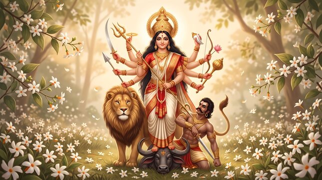 Goddess durga standing with lion and demon in a floral forest landscape