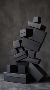 A precarious stack of black gift boxes against a dark textured background, symbolizing Black Friday sales and shopping