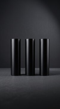 Three minimalist black cylindrical objects arranged in a row against a dark background