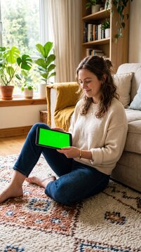 Young woman sitting on floor holding tablet with green screen in cozy living room with plants