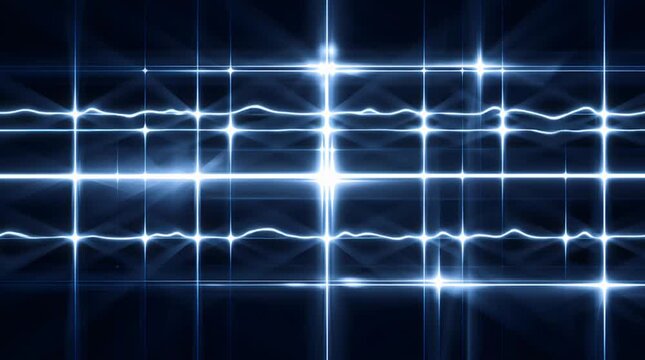 Abstract blue light grid pattern with glowing lines, bright cross points, star flare, luminous digital pattern, futuristic geometric design on dark background