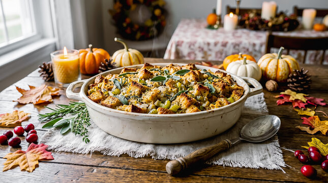 Baked Thanksgiving stuffing in ceramic dish on wooden table