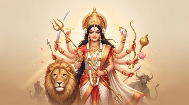 Goddess durga holding weapons riding lion for navratri festival celebration
