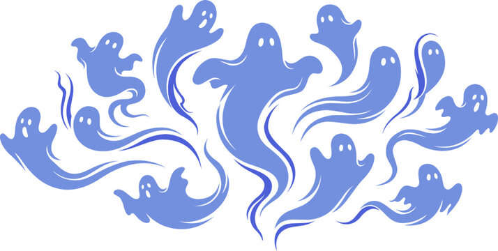 Collection Of Spooky Blue Flying Ghost Vector Illustrations For Halloween Design