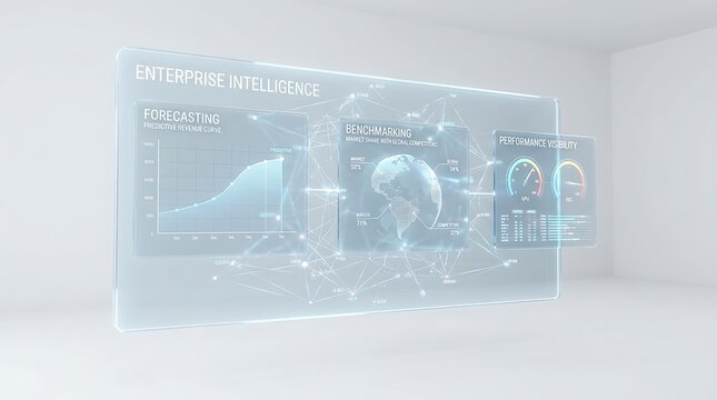 A futuristic glass interface displaying enterprise intelligence with forecasting charts, global benchmarking, and performance visibility gauges