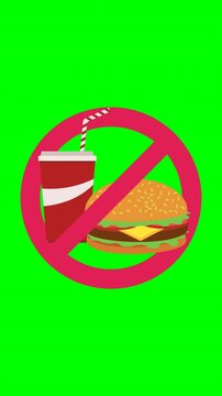 Animated fast food burger and soda with forbidden sign representing unhealthy diet restriction and nutrition awareness. Chroma key green screen with alpha channel. (loopable)