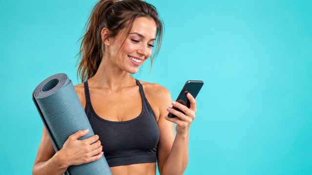 Fit Woman Holding Yoga Mat and Using Smartphone Before Fitness Workout