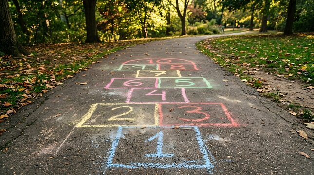 Children Playing Hopscotch in a Park, Outdoor Activity, Nature, Fun, Bright Atmosphere