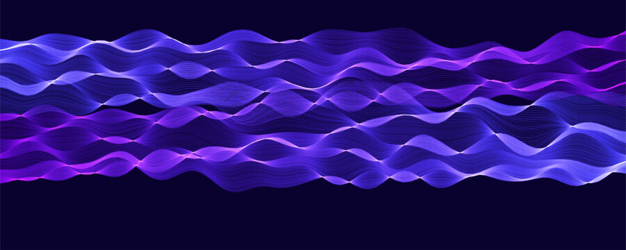 Big Data Flow Glowing Waves On Blue Background. Wavy Lines BG Abstract AI Neural Network Digital Communication Concept. Futuristic Tech Design. Vector Illustration