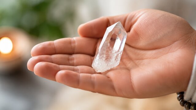 Close Up of Clear Quartz Crystal Resting in Open Hand for Meditation and Spiritual Wellness
