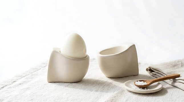Minimalist ceramic egg-shaped coasters set on neutral linen tablecloth with wooden spoon
