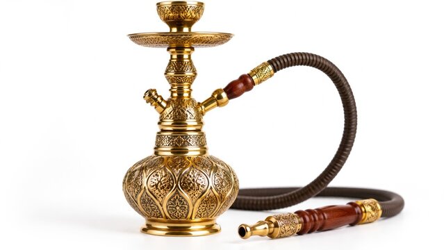 Ornate Golden Hookah with Decorative Metal Body and Wooden Hose Isolated on White