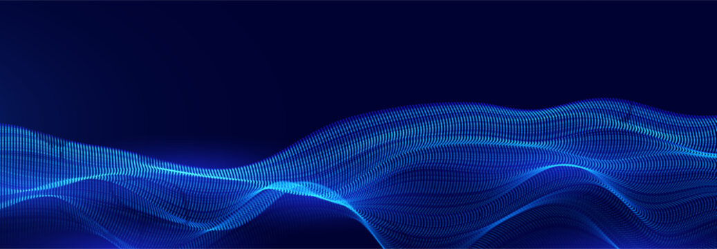 Digital Transformation Abstract AI Data Particles Wave Background. Global Future Innovation Technology Visualization for Business Presentation. Blue Cyber Digital Flow Pattern. Vector Illustration
