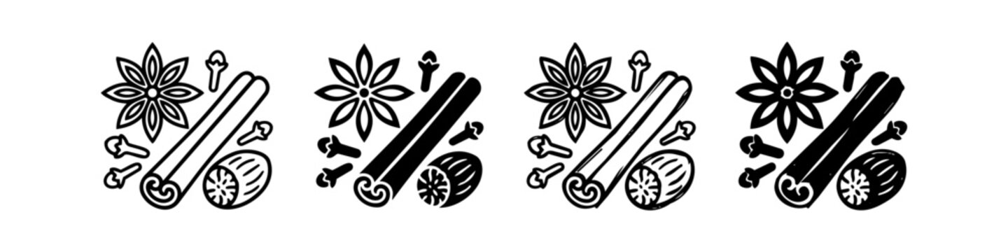 Set of black and white aromatic spices vector icons featuring cinnamon stick, star anise, cloves, and nutmeg, ideal for culinary, baking, and festive mulled wine designs.