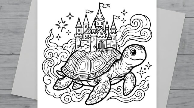 A whimsical coloring page featuring a friendly sea turtle carrying a magical fairy tale castle on its shell surrounded by swirling clouds and stars