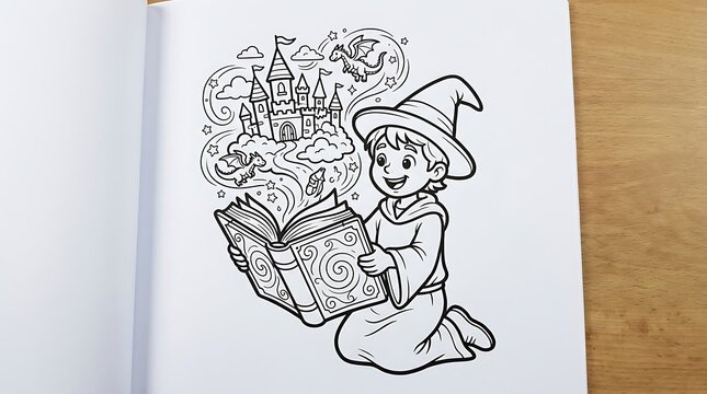 A young wizard kneeling and reading a magical book with a castle and dragons emerging from the pages in a coloring book page style