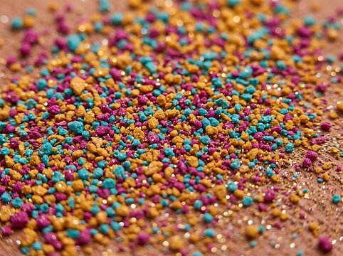 Vibrant abstract macro shot featuring colorful turquoise, magenta, and golden granules mixed with sparkling glitter for creative background design compositions.