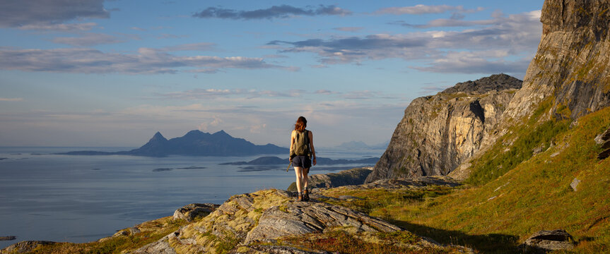 Female Hiker Looking Out Over Bod&oslash; and Landegode from Sandhorn&oslash;ya