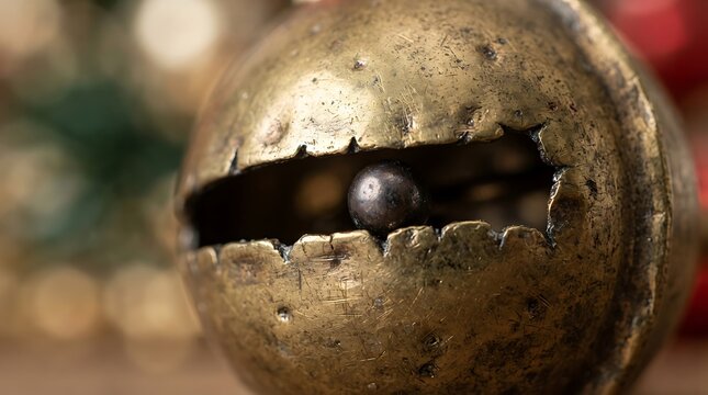 Close up macro view of an antique rustic brass jingle bell with weathered metallic patina, visible metal texture, and a dark sphere clapper inside.