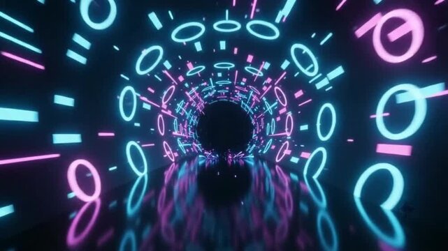 Person walking through futuristic digital binary tunnel with glowing numbers.mp4