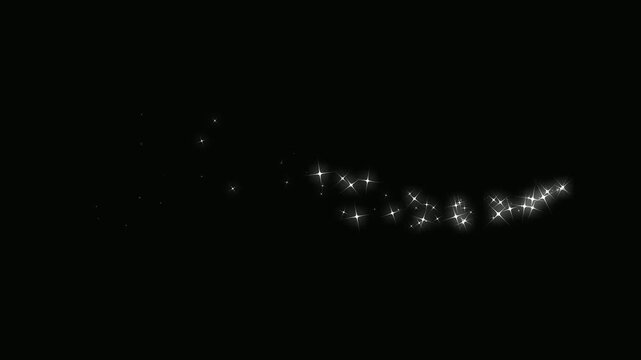 Magical white glitter star trail with shimmering pixie dust particles, glowing line sparkle motion, fairy light streaks and festive transition on black screen background in 4k
